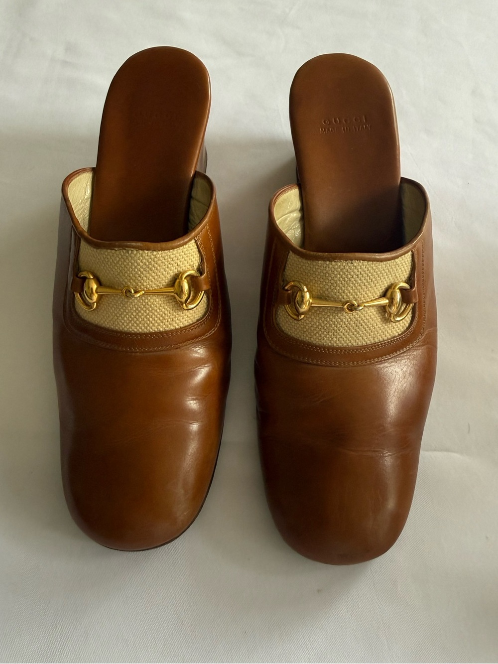 Rare Vintage 1970’s Gucci Brown Leather & Cream Canvas Horsebit Mule